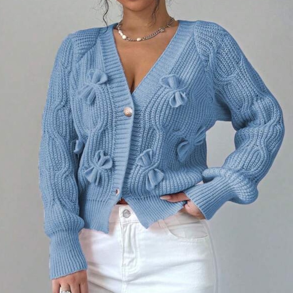Classic Solid Bow Detail Button Down Fitted Cardigan XS S M L XL
